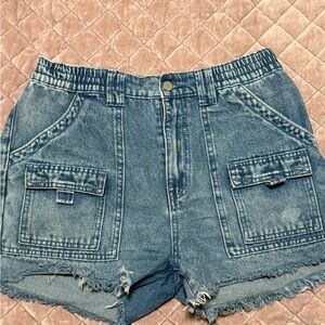 High-Rise Blue Denim Cargo Shorts